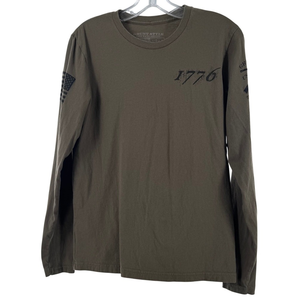 Grunt Style Mens 1776 American Flag Graphic Long Sleeve T-Shirt Olive Green S